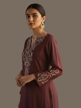Paisley embroidered wool blend wine colour kurti