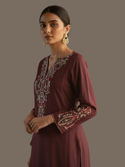 Paisley embroidered wool blend wine colour kurti