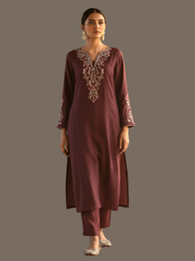 Paisley embroidered wool blend wine colour kurti