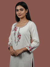 White Wool blend stitched kurti with embroidery