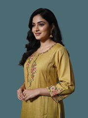 Mustard Wool blend stitched kurti with embroidery