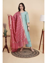 Anaa Women’s Chanderi Silk Embroidered Kurti Set with Pant & Dupatta