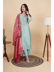 Anaa Women’s Chanderi Silk Embroidered Kurti Set with Pant & Dupatta