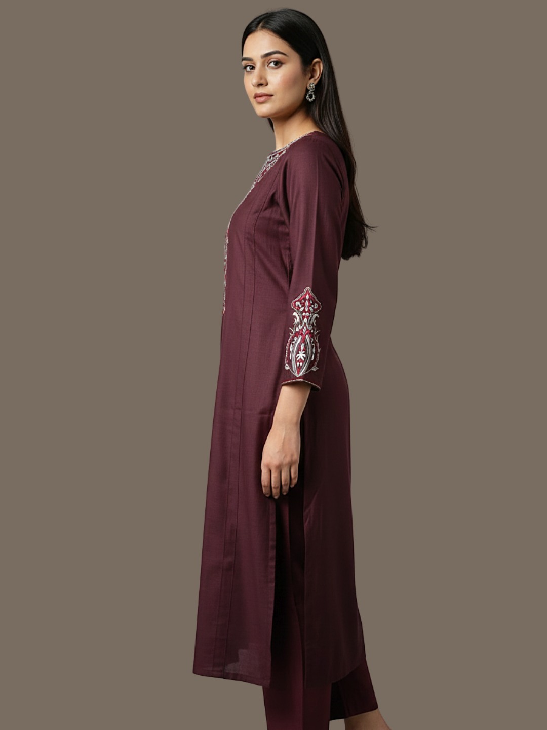 Paisley embroidered wool blend wine colour kurti