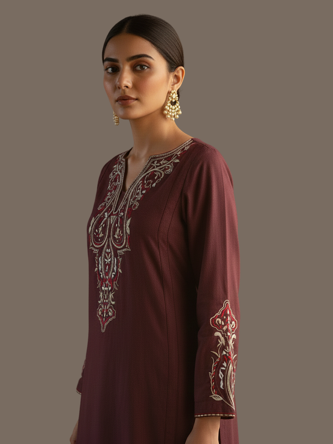 Paisley embroidered wool blend wine colour kurti