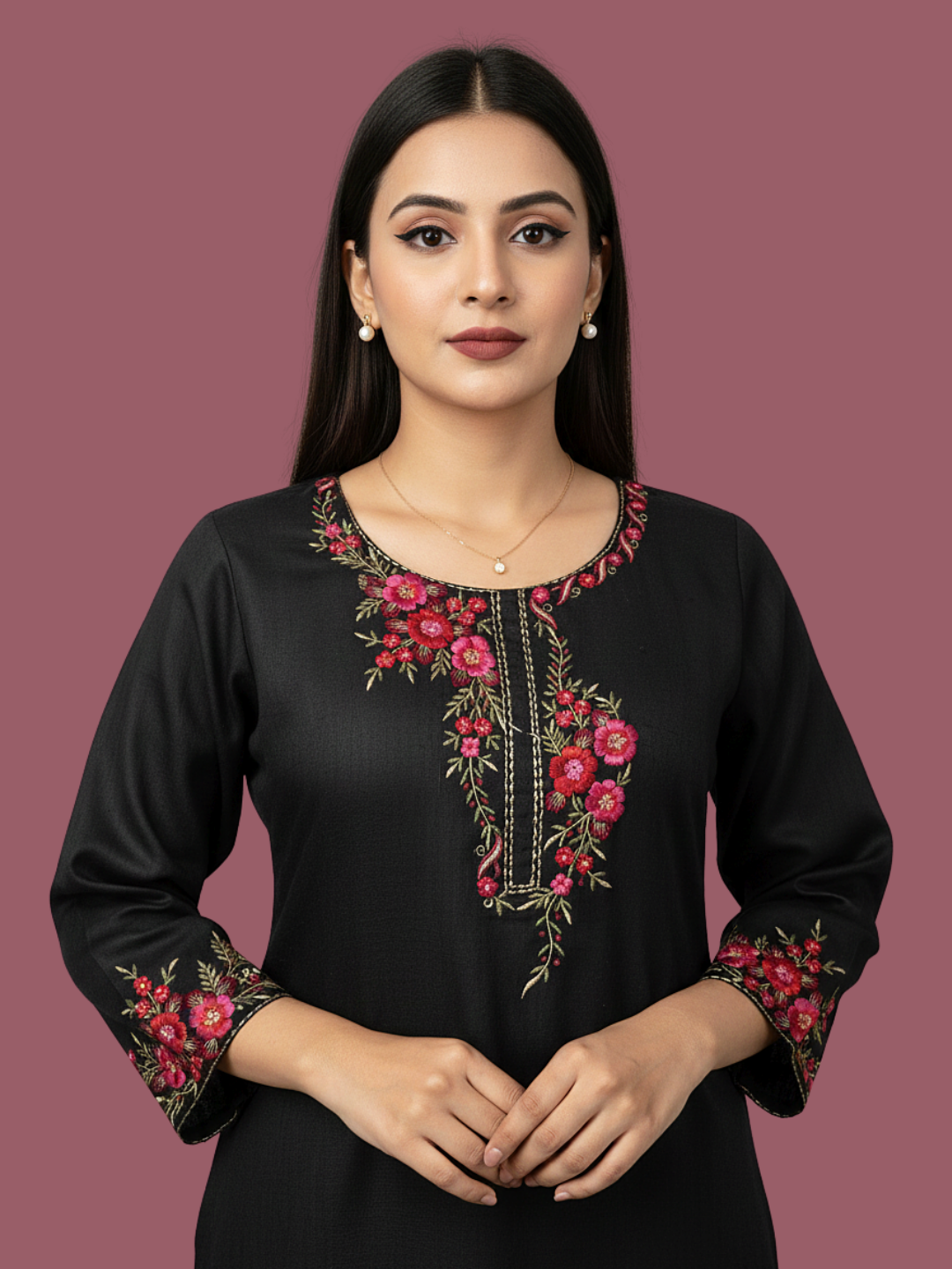 Black Wool blend stitched kurti with embroidery
