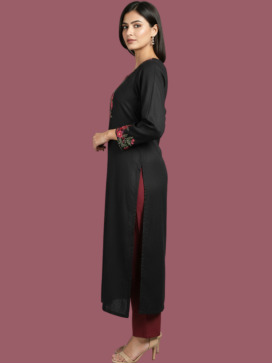 Black Wool blend stitched kurti with embroidery
