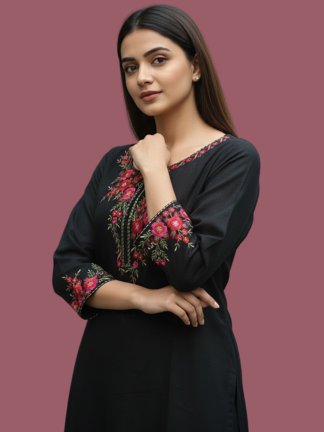 Black Wool blend stitched kurti with embroidery