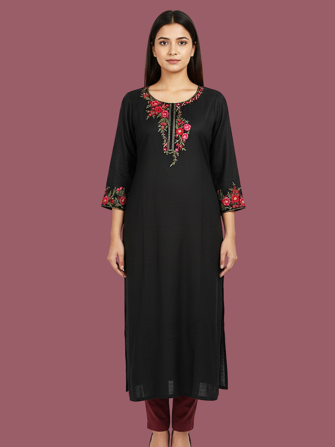 Black Wool blend stitched kurti with embroidery