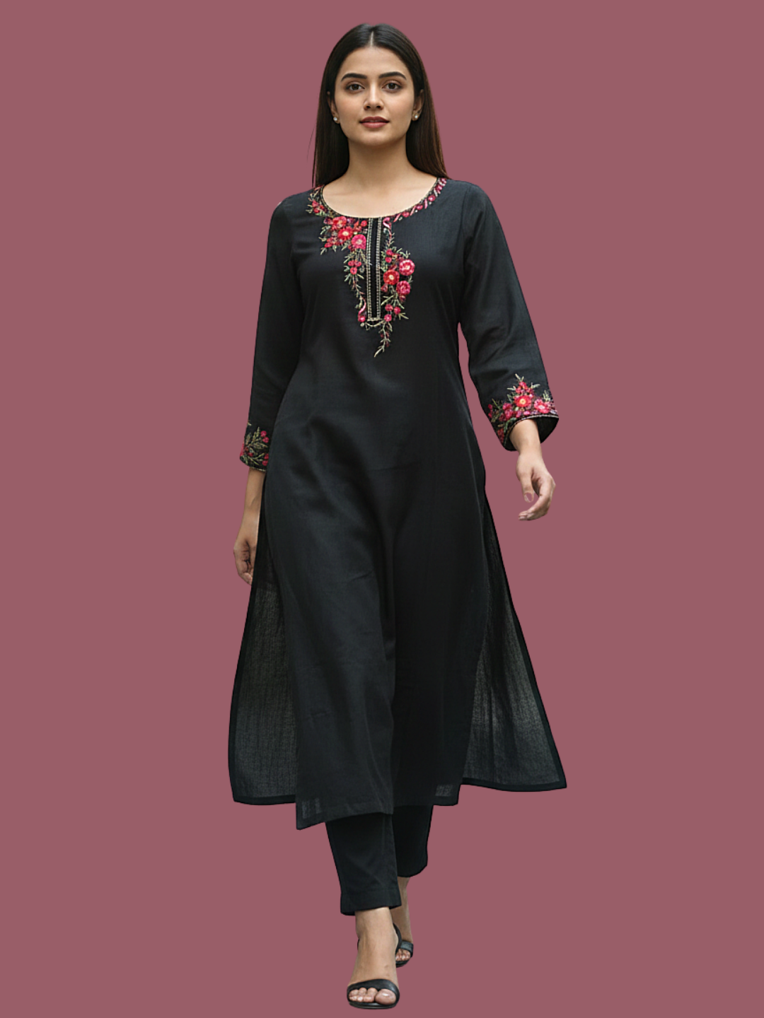 Black Wool blend stitched kurti with embroidery
