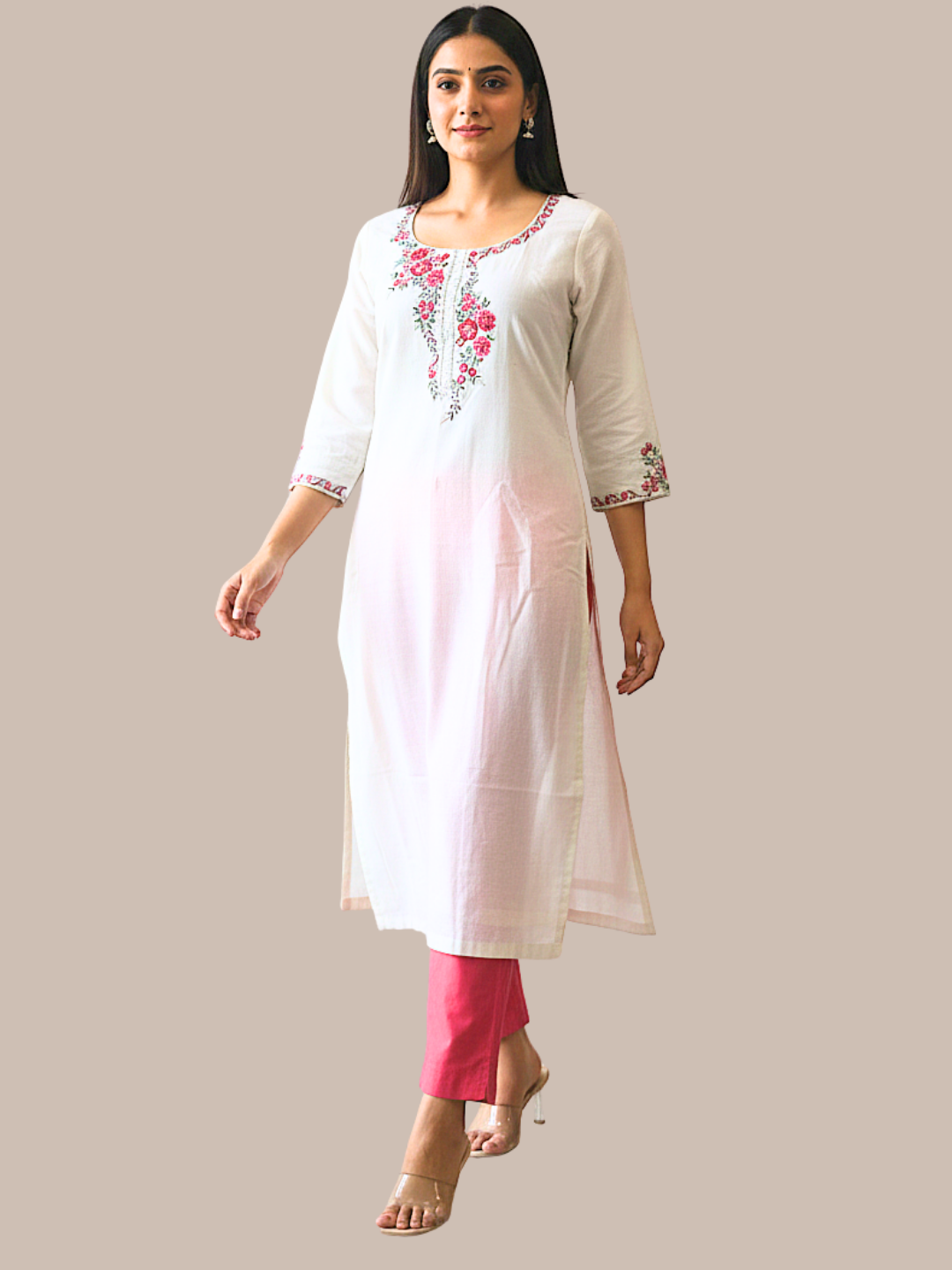 White Wool blend stitched kurti with embroidery