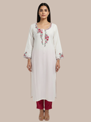 White Wool blend stitched kurti with embroidery