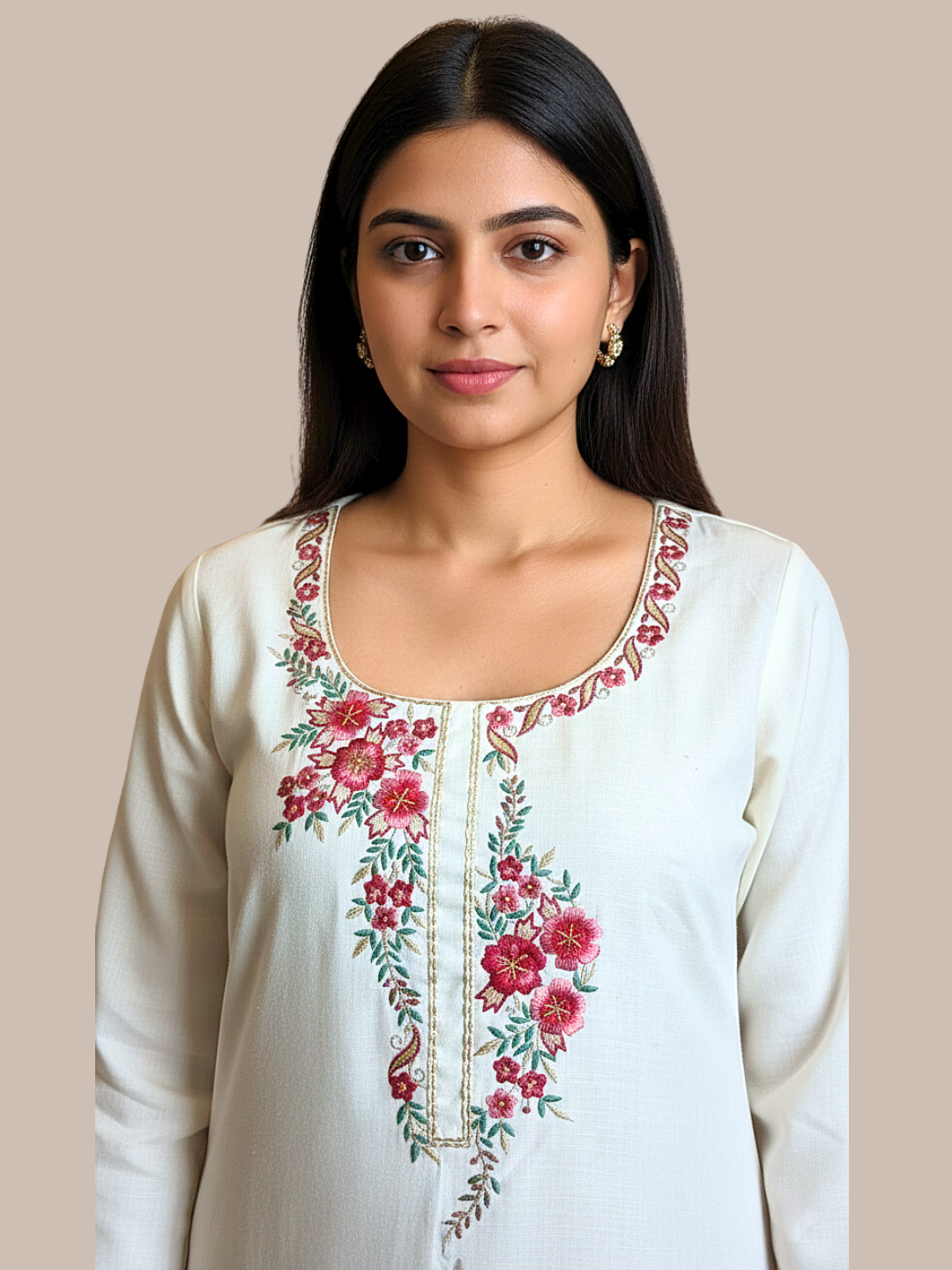 White Wool blend stitched kurti with embroidery