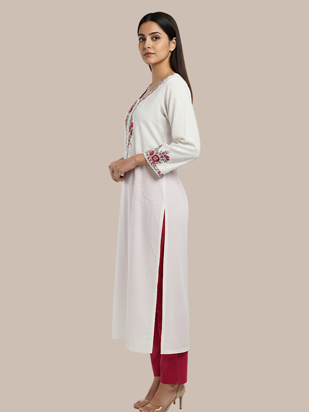 White Wool blend stitched kurti with embroidery