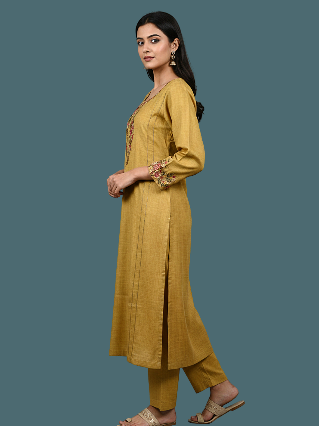 Mustard Wool blend stitched kurti with embroidery