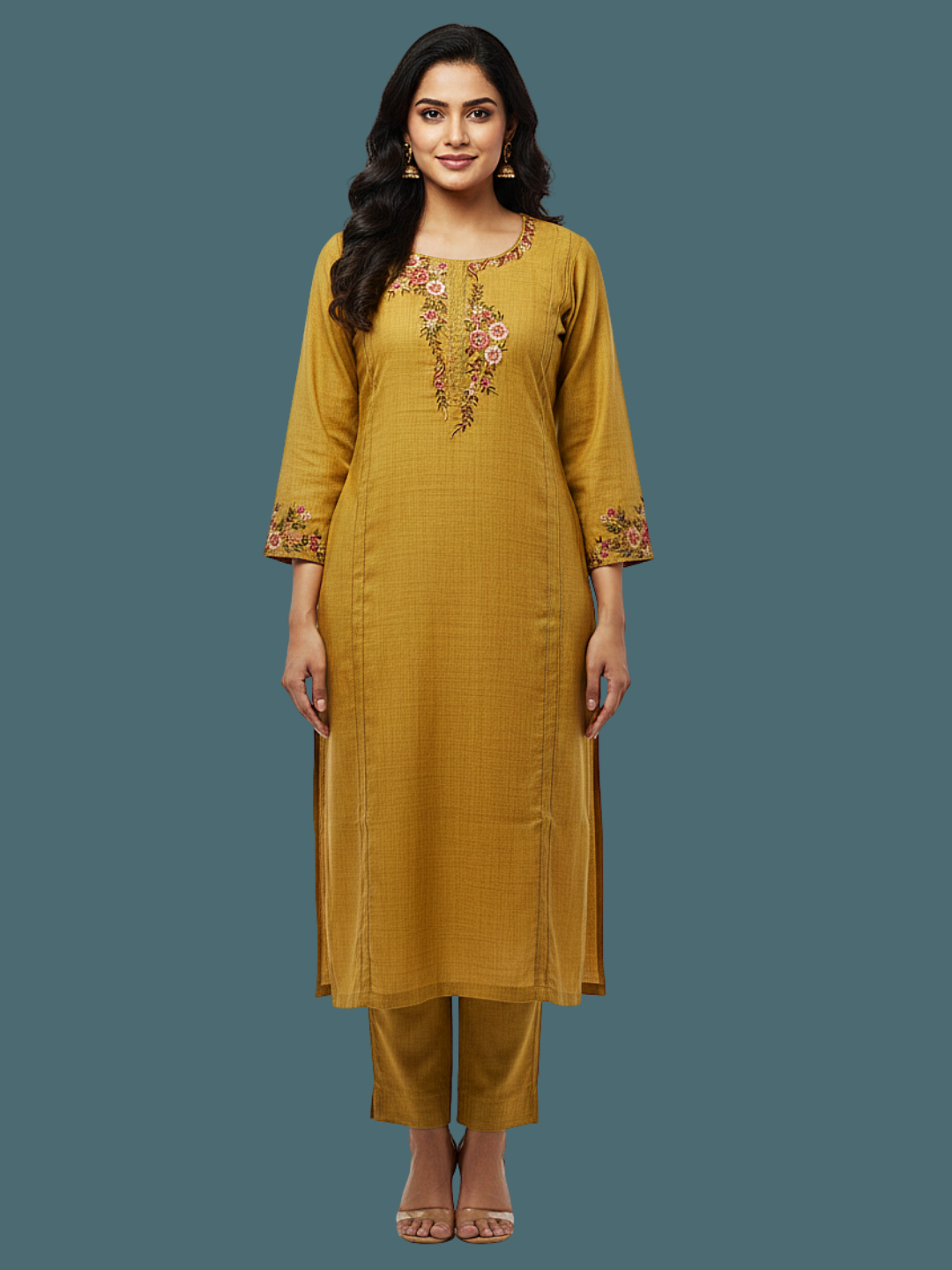 Mustard Wool blend stitched kurti with embroidery