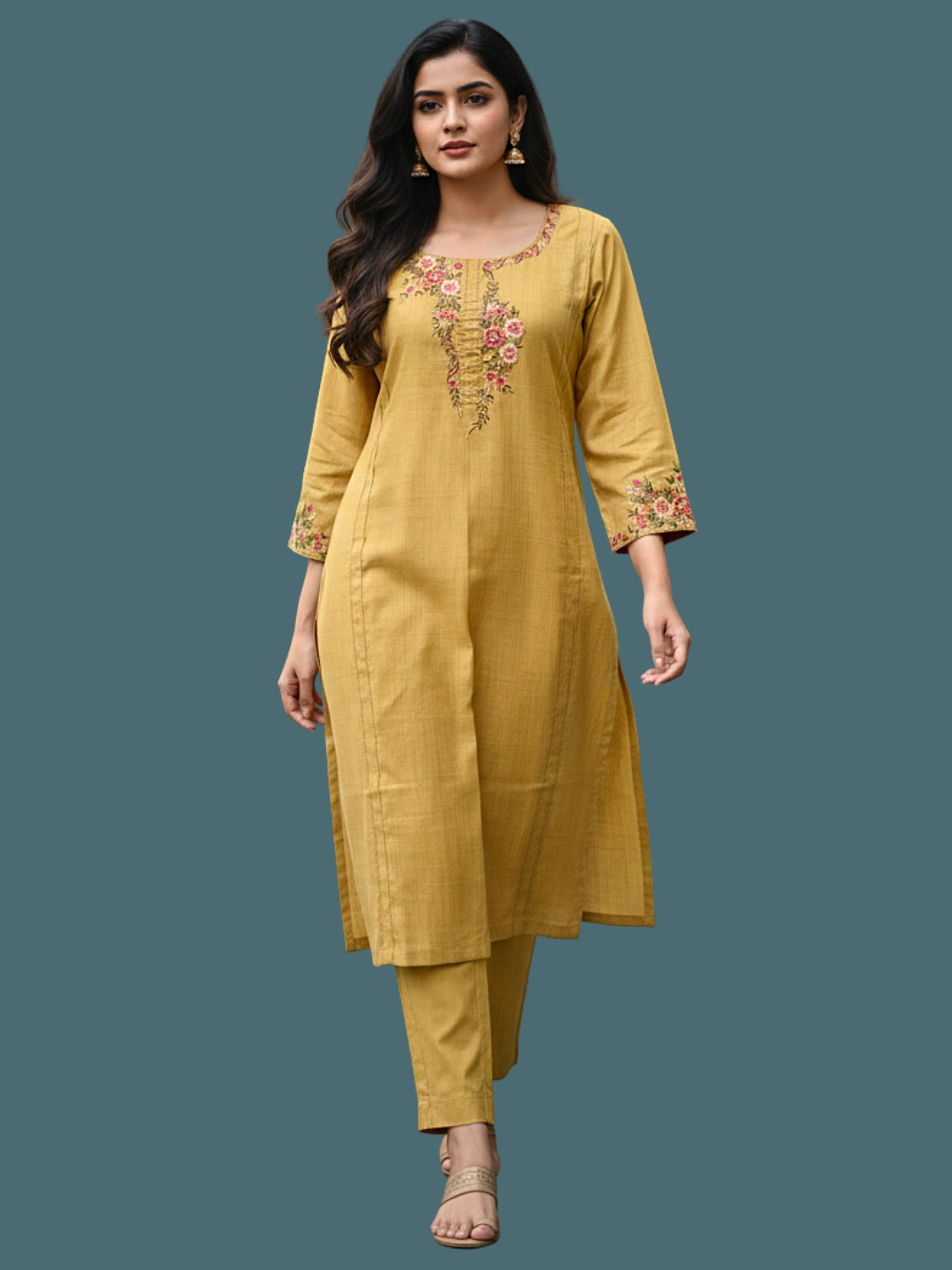 Mustard Wool blend stitched kurti with embroidery