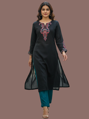 Black Paisley embroidered wool blend kurti