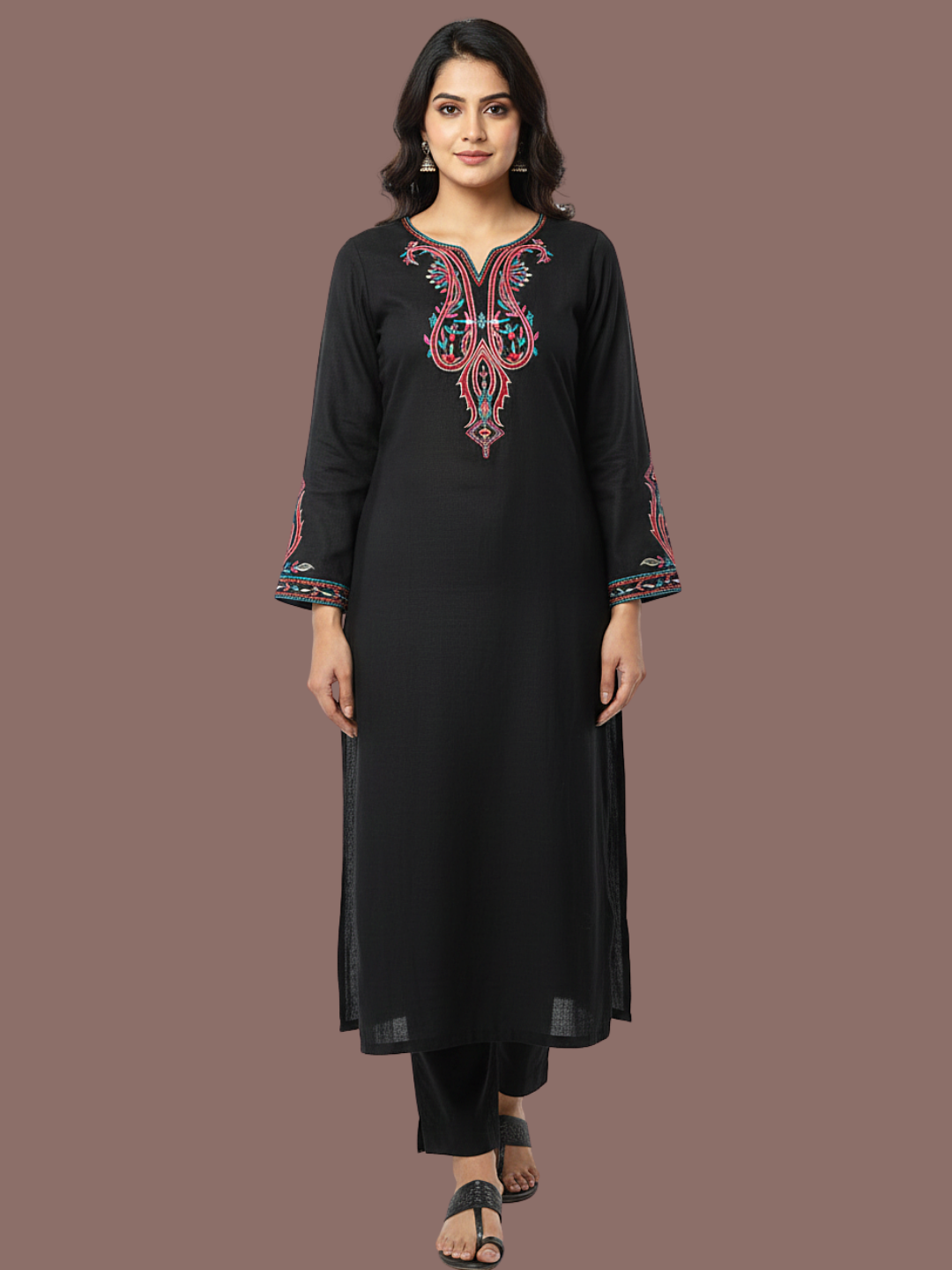 Black Paisley embroidered wool blend kurti