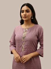 Self jacquard kurti with lining and fine embroidered detailing