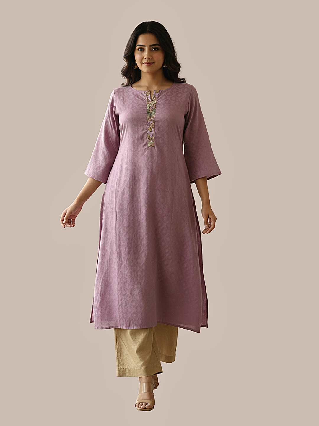 Self jacquard kurti with lining and fine embroidered detailing