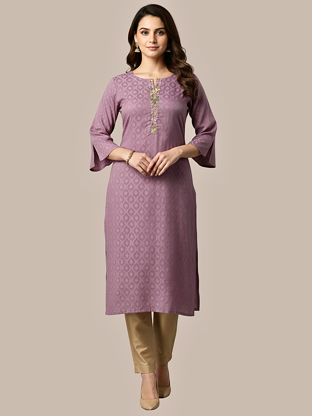 Self jacquard kurti with lining and fine embroidered detailing
