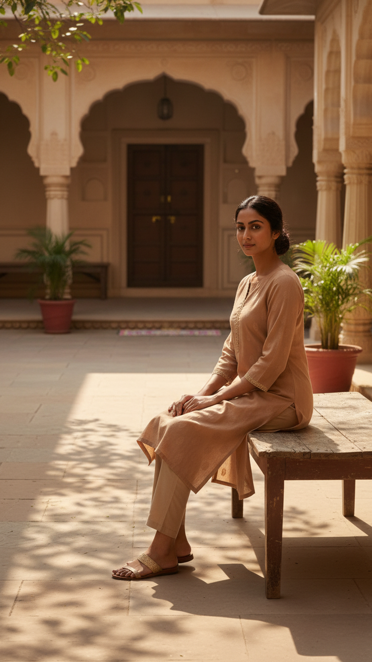 Self jacquard kurti with lining and fine lace detailing