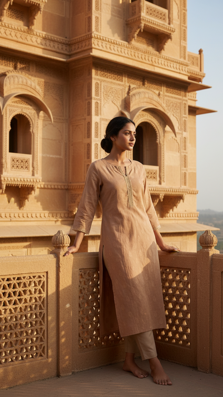 Self jacquard kurti with lining and fine lace detailing