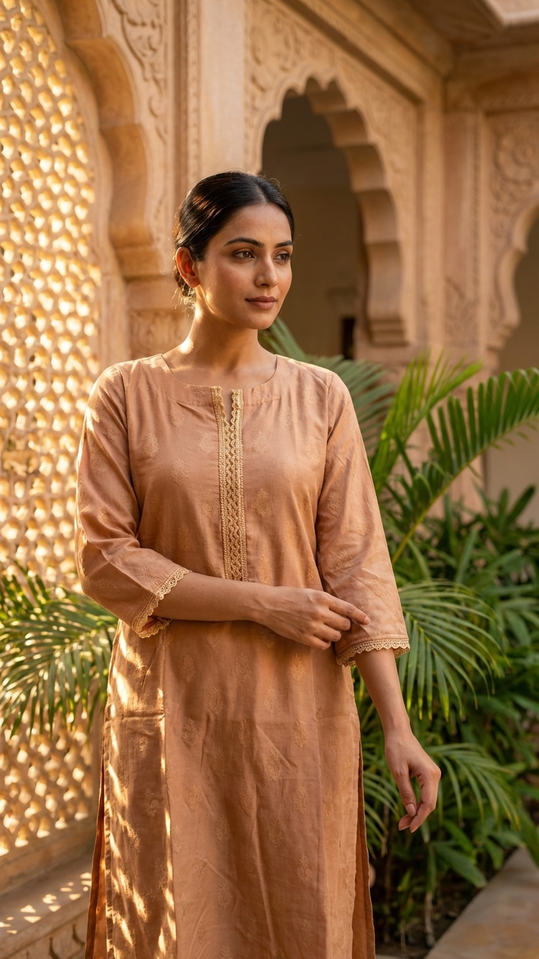 Self jacquard kurti with lining and fine lace detailing