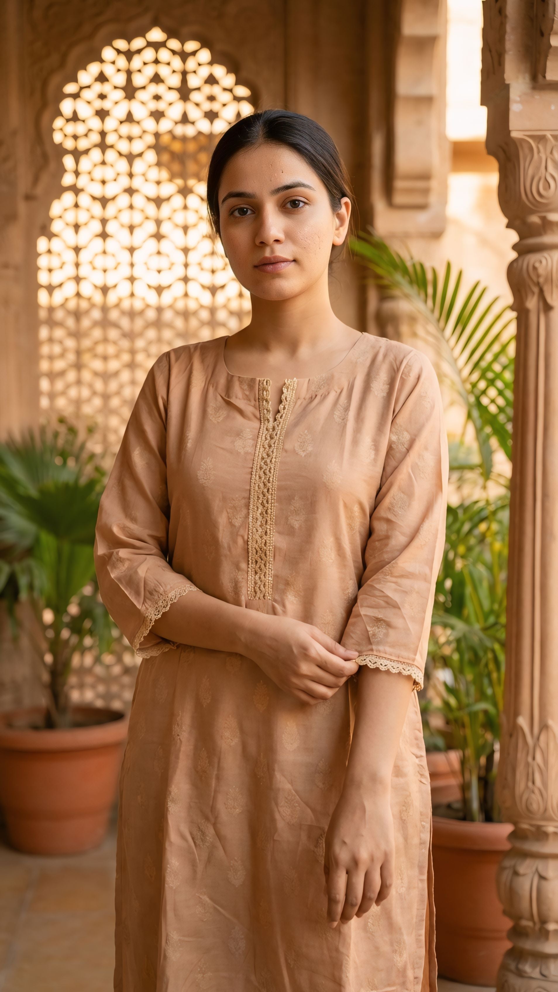 Self jacquard kurti with lining and fine lace detailing