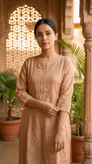 Self jacquard kurti with lining and fine lace detailing