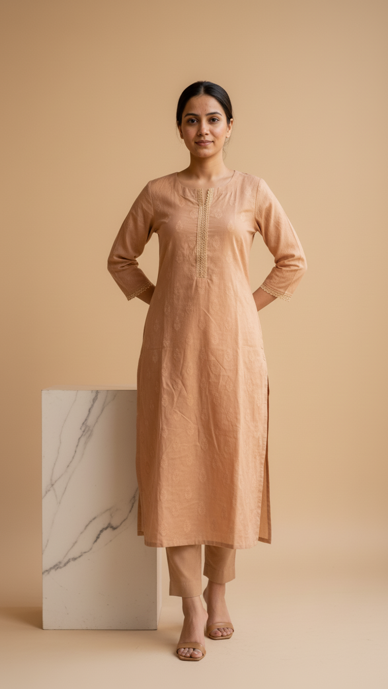 Self jacquard kurti with lining and fine lace detailing