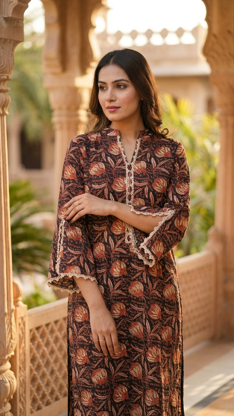 Ruhani Handcrafted printed cotton Kurti with lace
