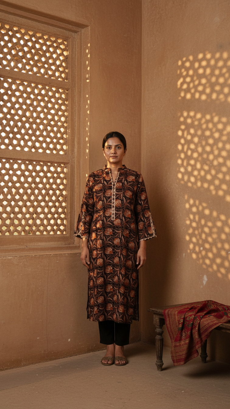 Ruhani Handcrafted printed cotton Kurti with lace