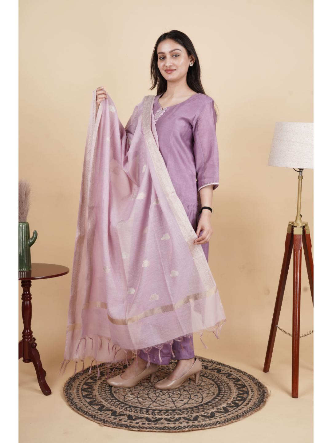 Amara 3 Piece Chanderi Silk Kurta Set with Pant and Dupatta