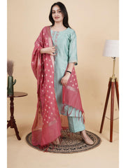 Anaa Women’s Chanderi Silk Embroidered Kurti Set with Pant & Dupatta