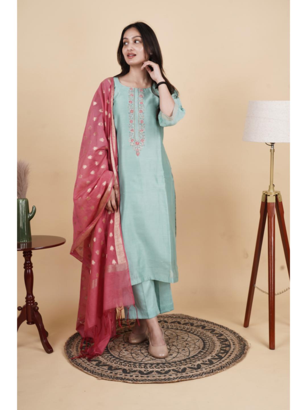 Anaa Women’s Chanderi Silk Embroidered Kurti Set with Pant & Dupatta