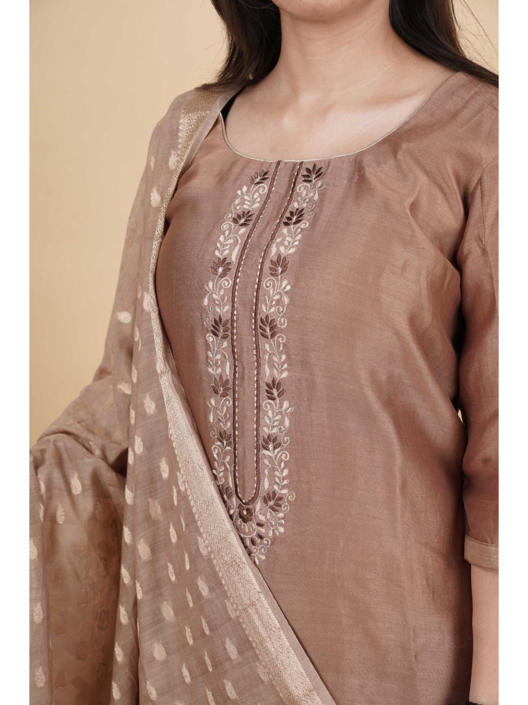 Nira Embroidered Neck 3 Piece Chanderi Silk Kurti with Dupatta & Pant