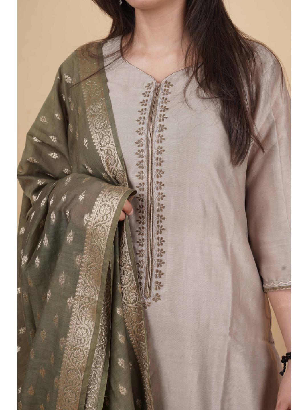 Anvi Festive Ethnic Women’s Chanderi Silk Kurti Set with Embroidered Neck