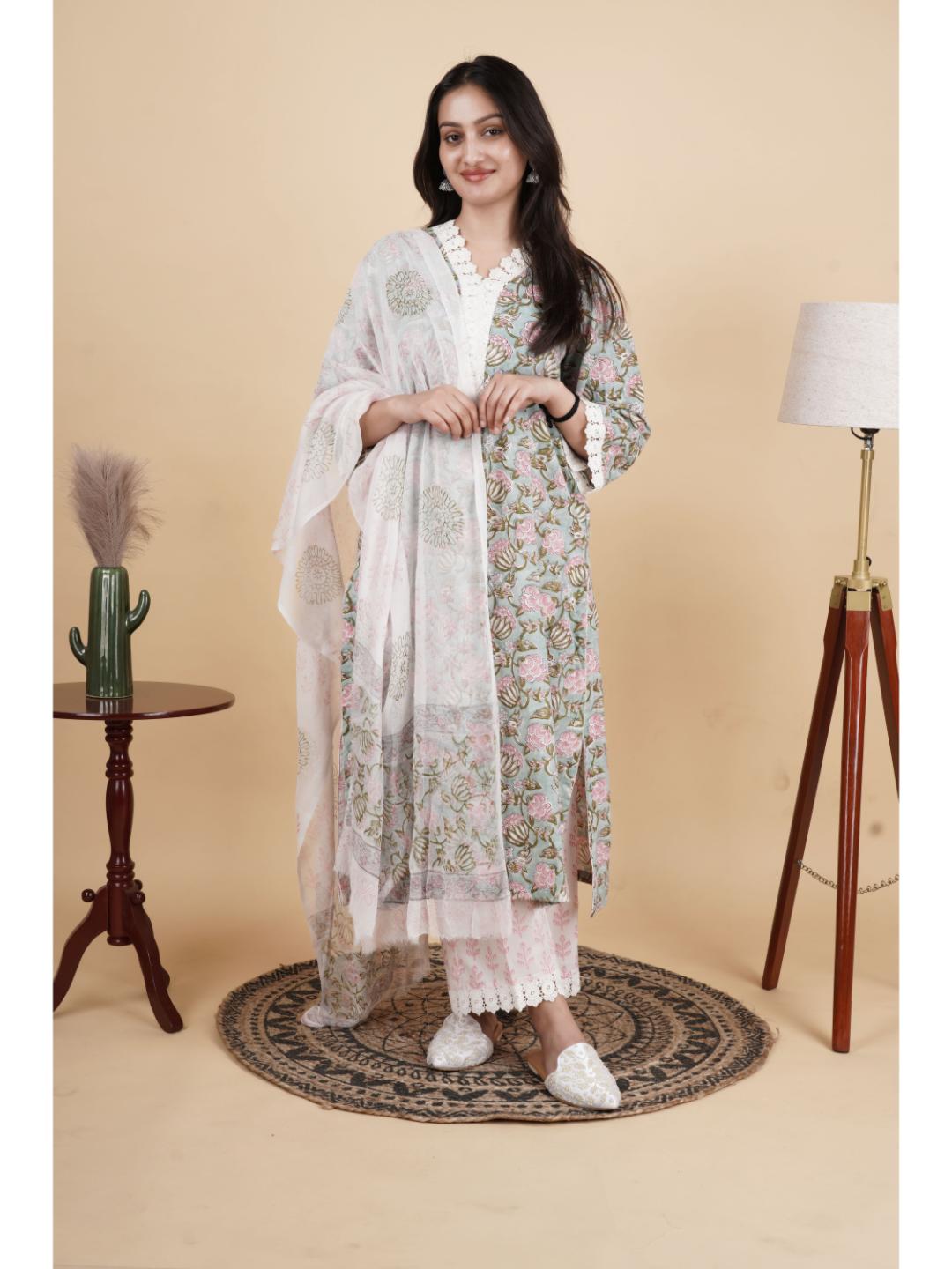 Saanvi Pure Cotton Kurti with Pant and Dupatta Set