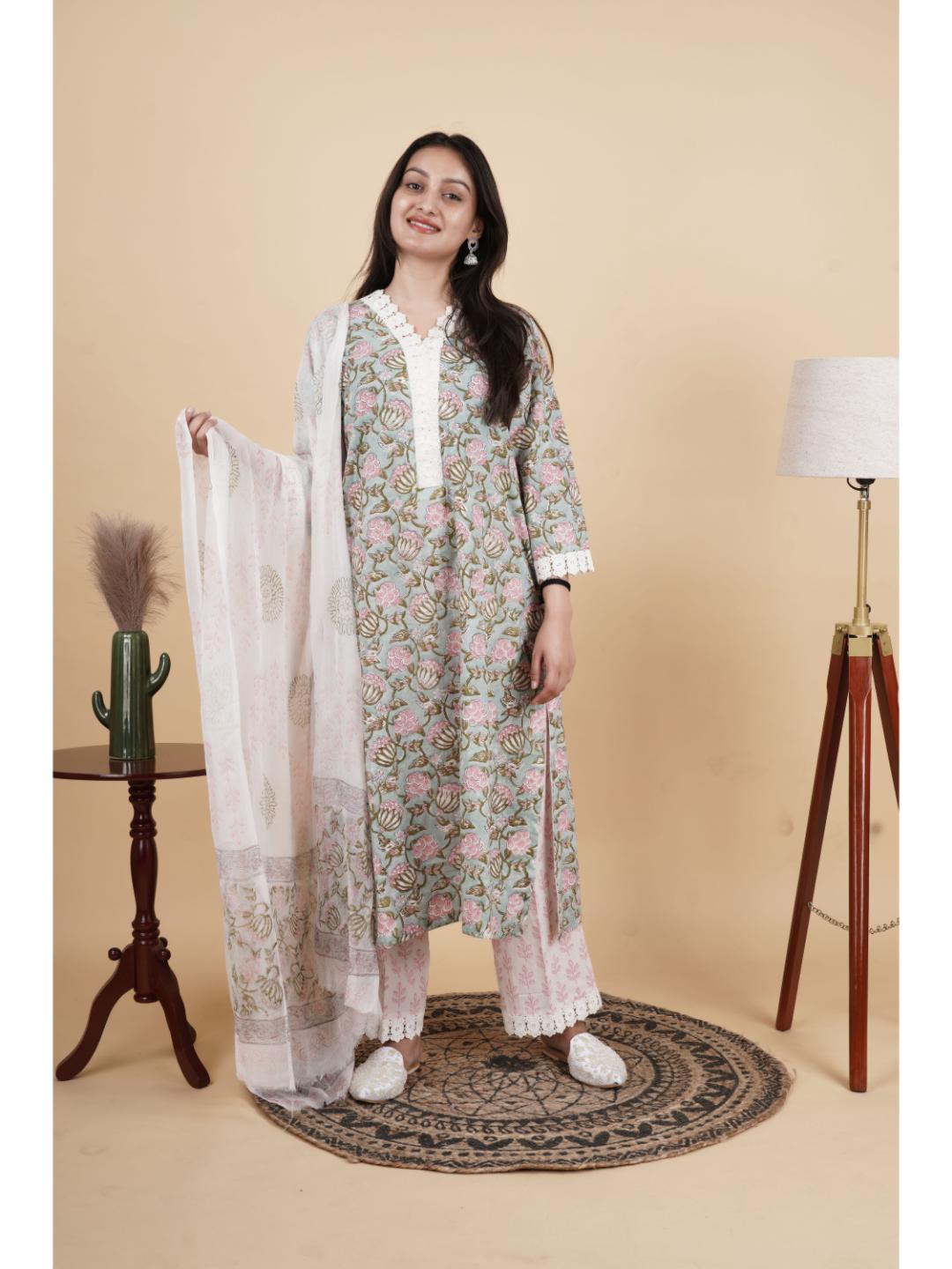 Saanvi Pure Cotton Kurti with Pant and Dupatta Set