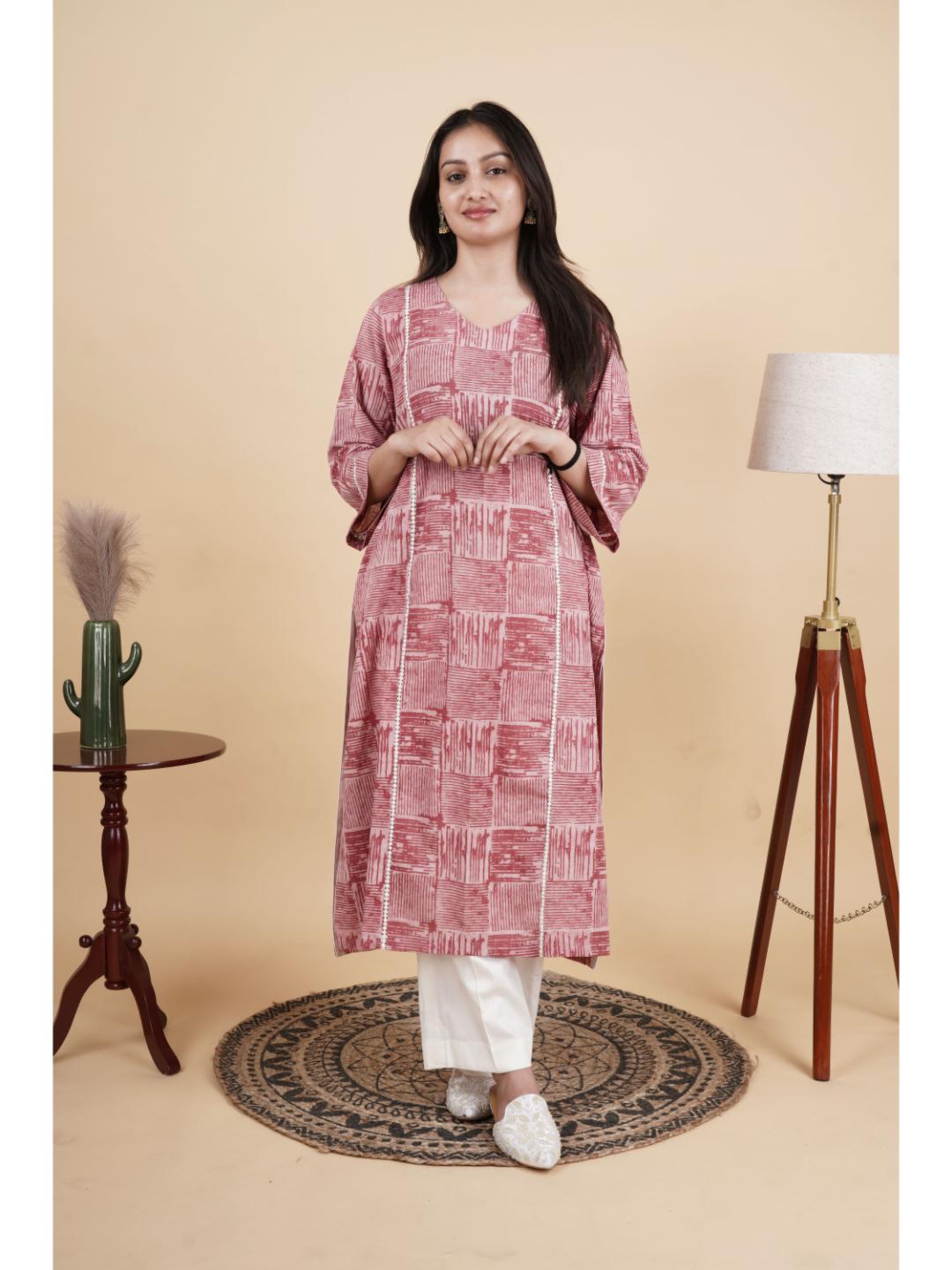Women's Cotton Handblock Printed Kurti in Rust Pink