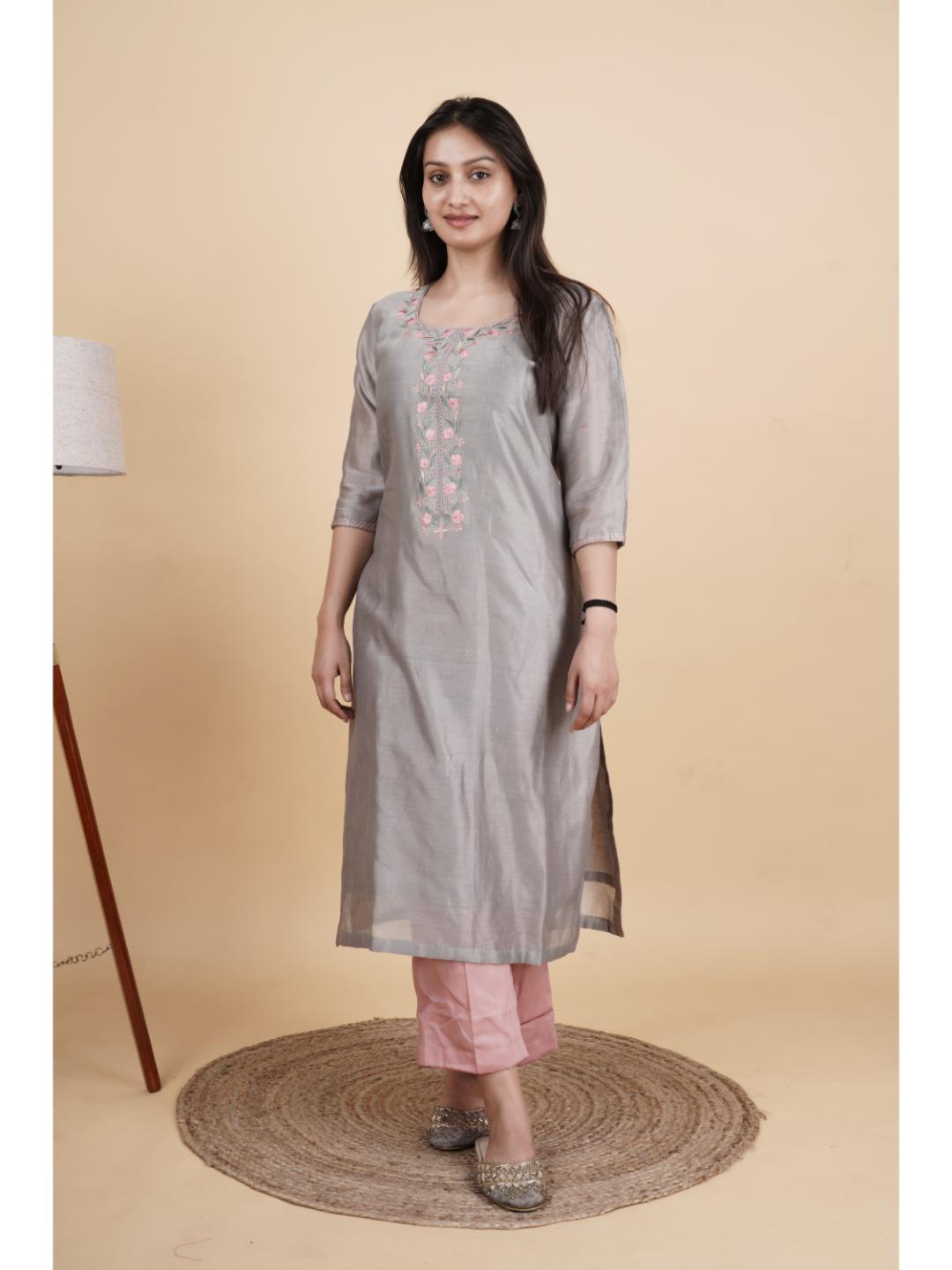 Tanvi Chanderi Embroidered Neck Design Kurti