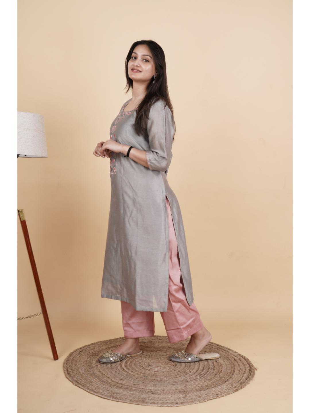 Tanvi Chanderi Embroidered Neck Design Kurti