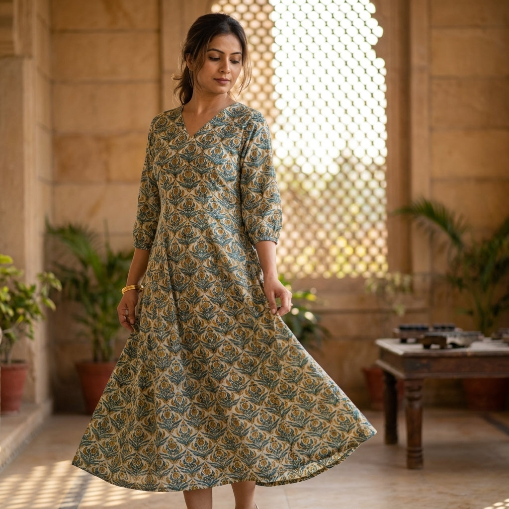 Box pleated cotton dress