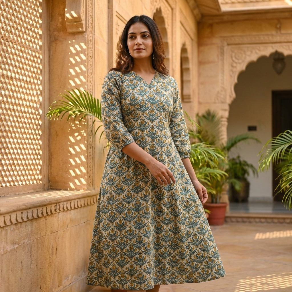 Box pleated cotton dress