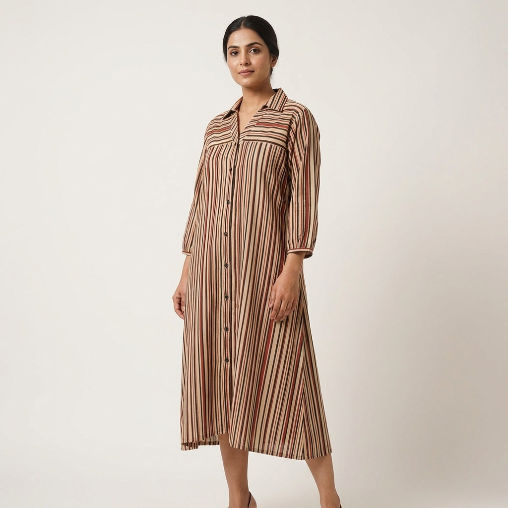 Stripe Ajrakh cotton dress with pockets