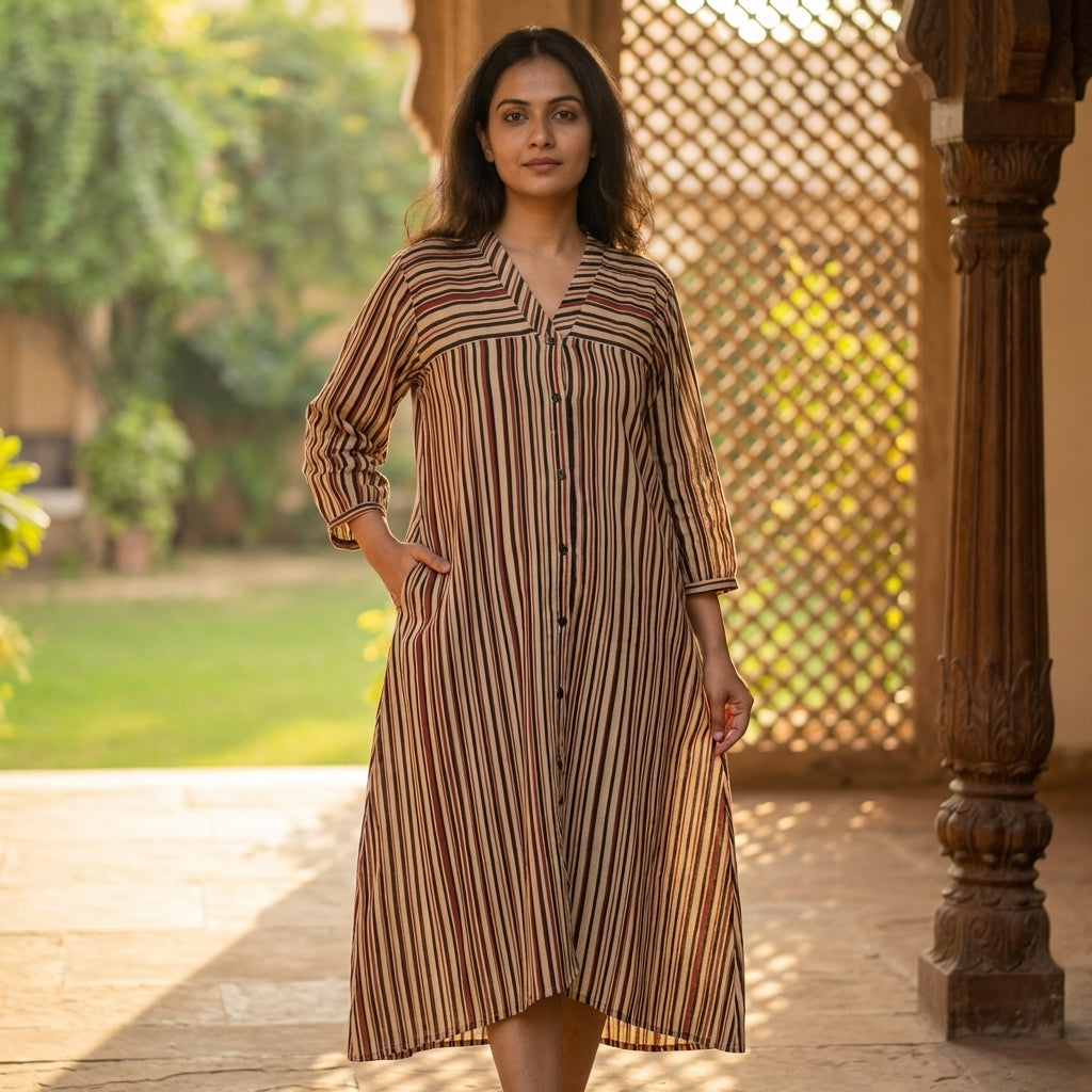 Stripe Ajrakh cotton dress with pockets