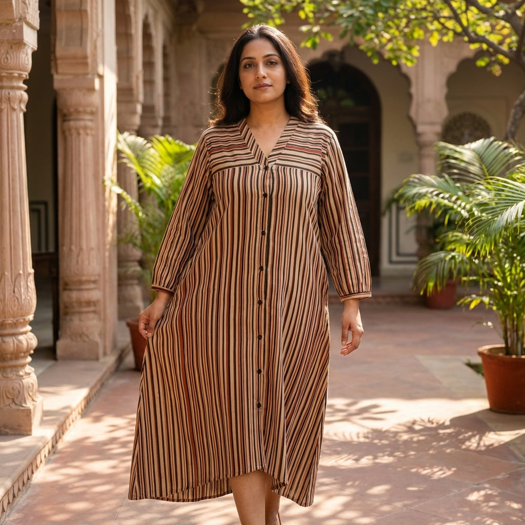 Stripe Ajrakh cotton dress with pockets