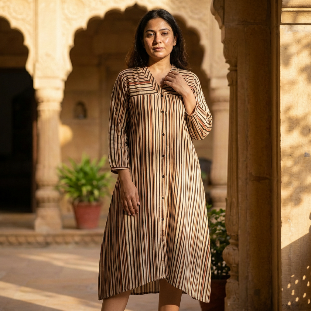 Stripe Ajrakh cotton dress with pockets